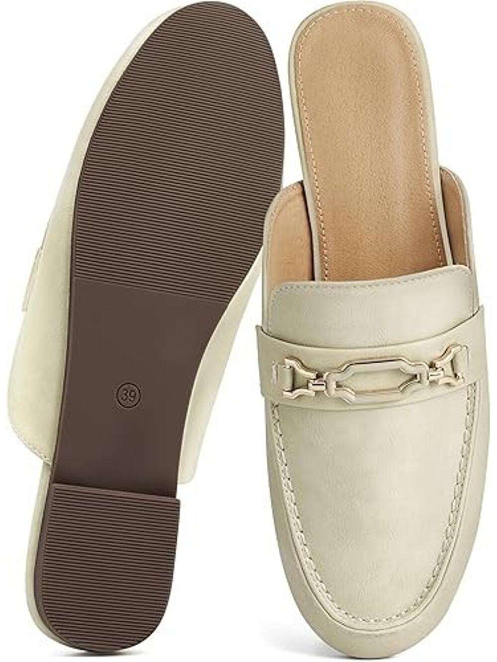 Women’s Beige Chain Detail Slip On Mule Flats Faux Leather Shoes Size 9.5